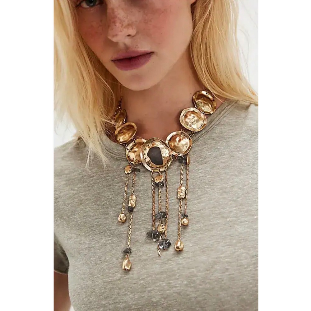 Free People SPEAK UP Layer Gold Tone Fringe Statement Collar Necklace Boho